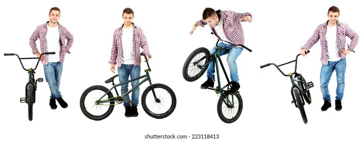 Bicycle Collage. Boy On BMX Bike Isolated On White