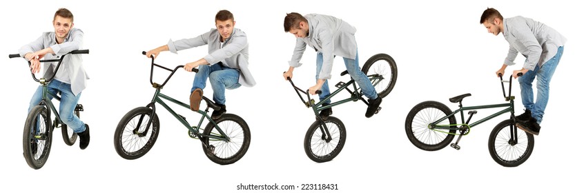 Bicycle Collage. Boy On BMX Bike Isolated On White