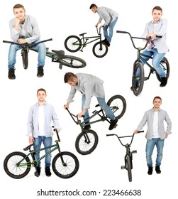 Bicycle Collage. Boy On BMX Bike Isolated On White