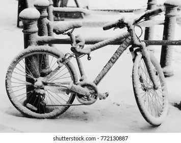 Bicycle Covered In Snow During UK Winter