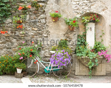 bicycle decorated with flowers in  Levico Terme, a village in the Italian Alps