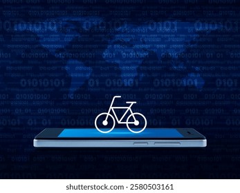 Bicycle flat icon on modern smart mobile phone screen over world map and computer binary code blue background, Business bike shop online concept, Elements of this image furnished by NASA