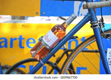 Bicycle Frame With Wine Bottle At An Exhibition At The Tour De France, Rose Wine