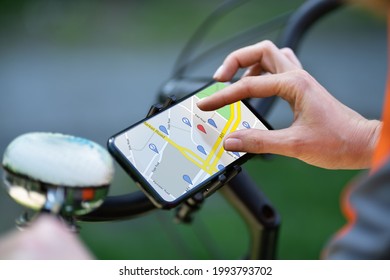Bicycle GPS Navigator App With Map On Mobile Phone