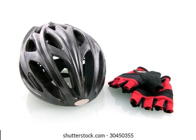 Bicycle helm with cycle gloves isolated on white background
