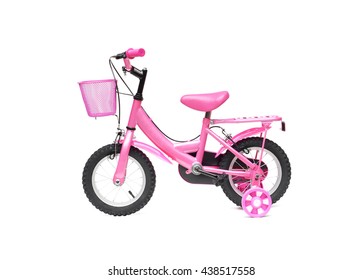 A Bicycle For Kid In Pink Color. A Pink Bike With Training Wheels On Isolated Background                            