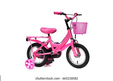 A Bicycle For Kid In Pink Color. A Pink Bike With Training Wheels On Isolated Background                               