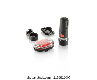 Bicycle Kit With Front And Back LED Lights, And With Attaching Accessories, Isolated On White