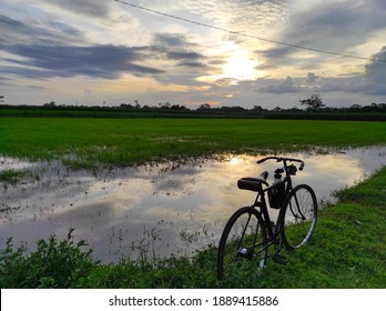 Bicycle in the middle of the meadow at sunset in Kediri, East Java, Indonesia
