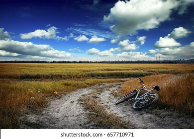 A bicycle on the side of a dirt road outside the city in a field under a voluminous blue sky on a sunny day - Powered by Shutterstock