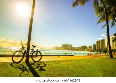 Bicycle on the walkway near the beach with sunset moment and city view in Hawaii silhouette style