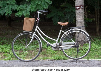 bicycle in the park with guidepost at the tree
