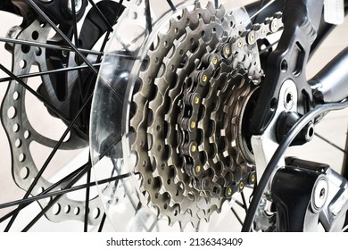 Bicycle parts rear wheel brake disc cassette. Closeup 