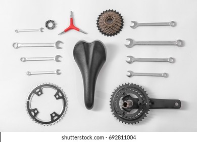 Bicycle Parts And Repair Tools On White Background