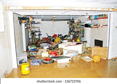 Bicycle Parts Tool And  Boxes Inside The Garage After The Flood And River Flooding