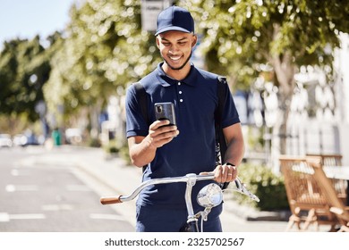 Bicycle, phone and delivery man use phone gps to navigate the street of a city for a package, product or fast food. Bike, mobile app and courier employee use a map online, internet or ecommerce web - Powered by Shutterstock