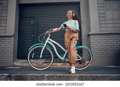 Bicycle, phone and happy woman with headphones for music while on walk in the city street. Happiness, smile and girl from Puerto Rico listening to audio, podcast or radio on smartphone in urban road.