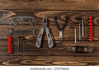 bicycle repair tools. repair shop. set of tools. sale of bicycle tools. Old spanners. Vintage tools. hand pump - Shutterstock ID 1719736642