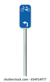 Bicycle route number road sign, large detailed isolated vertical closeup, European Eurovelo cycle bike lane network cycling concept white left direction arrow blue metal marker, signpost pole post - Shutterstock ID 654914977