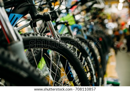 Bicycle shop, rows of new bikes, cycle sport store