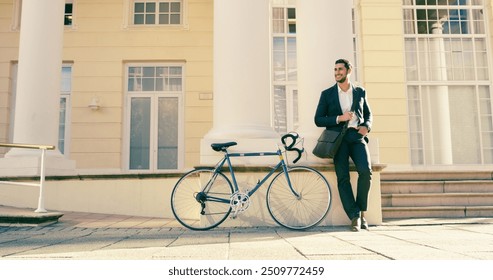 Bicycle, smile or businessman at law firm for interview, meeting or job opportunity. Carbon neutral, travel and lawyer with eco friendly transport in London for recruitment, deal and hiring offer - Powered by Shutterstock