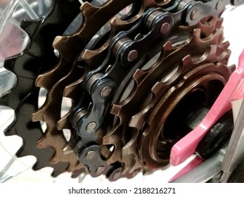 Bicycle sprocket metal structure and shape,Close up on rear bicycle cassette.