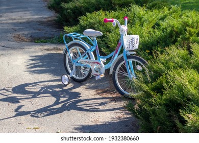 Bicycle In Sunny Weather. Blue Kids Bike. Cycling On A Sunny Spring Day