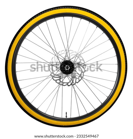 Bicycle tire and wheel colour yello rim isolated on white background.