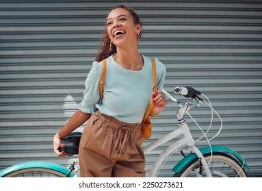 Bicycle, travel and black woman student excited for outdoor lifestyle, eco friendly cycling transport on garage door background. Gen z girl with bike and backpack on her way to college or university - Powered by Shutterstock