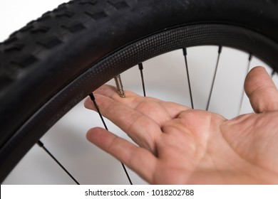 Bicycle tube repair. A hand of a person is deflating a presta valve on a mountain bike wheel. - Powered by Shutterstock