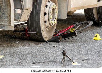 Bicycle Under Tyre Of Truck. Car And Bike Crash Accident