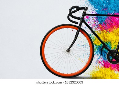 Bicycle Vintage Red.bicycle fixed gear on background.ecological transportation concept.front and wheel of red race road bike.Bicycle background.