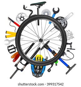 Bicycle Wheel Concept With Various Bike Parts Isolated On White Background