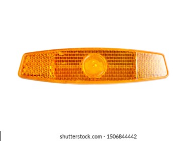 Bicycle Wheel Reflector Isolated On White Background. Orange Plastic Reflector Which Is Mounted On A Bike Spoke For Safety At Night