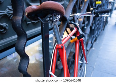 Bicycles parking on the footpath with locked.font and back view. Colourful vintage style - Shutterstock ID 1390641848