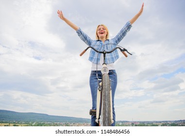 Bicycling Hobby And Best Way To Relax And Reduce Stress. Girl Relaxed And Free Sit On Bike. Everyday Bicycling Make You Happier. Woman Enjoy Freedom While Riding. Top Mental Benefits Of Cycling.