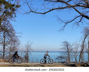 Bicycling Is A Popular Activity Along This Recreational Trail Along A Lakeshore In Hamilton, Ontario, Canada.