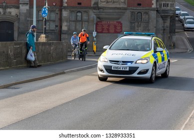 Bideford, North Devon, England, UK. February 2019. Police Car On A Blue Light  With Two Officers Onboard