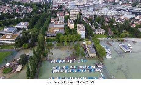 Biel Bienne, Switzerland. 16 July 2021. The Lake Of Bienne Hit Record High. The City Of Bienne Record A Dramatic Flooding. The Navigation Is Forbidden For More Than One Month