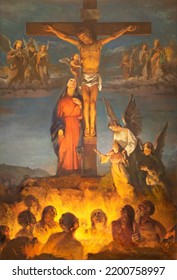 BIELLA, ITALY - JULY 15, 2022: The Painting Of Crucifixion And Soul In The Purgatory In The Church Chiesa Di San Casiano (1954).