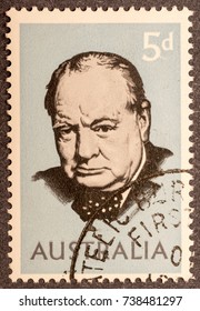 Biella, Italy - October 19, 2017. Postage Stamp With Winston Churchill Portrait.