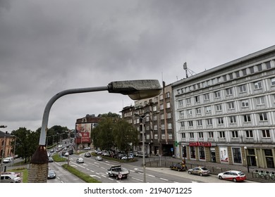 Bielsko Biala Silesia Poland 08.23.2022 Modern Dirty And Ugly Street Lamppost Lamp Against  Sky.