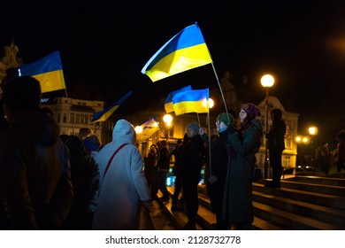 Bielsko, Poland - 02.24.2022: Ukrainians, Poles and Belarusians are protesting against the war in Ukraine. Peaceful protest against Russian aggression in the Bielsko market square