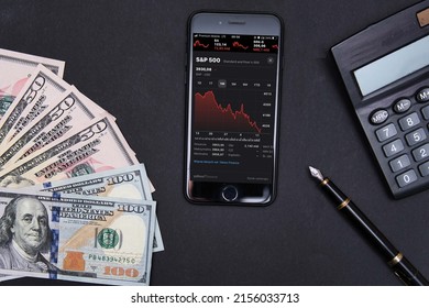 Bielsko, Poland - 05.14.2022: Standard and Poor’s 500) chart on the phone. A concept showing declines on the american stock exchange. The SP 500 is a stock market index. 