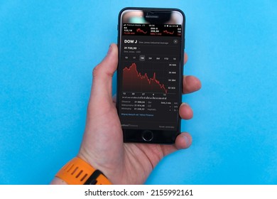 Bielsko, Poland - 05.15.2022: Dow Jones Industrial Average chart on your phone. A concept showing the declines in the American stock market. 