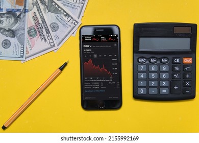 Bielsko, Poland - 05.15.2022: Dow Jones Industrial Average Chart On Your Phone. A Concept Showing The Declines In The American Stock Market. 