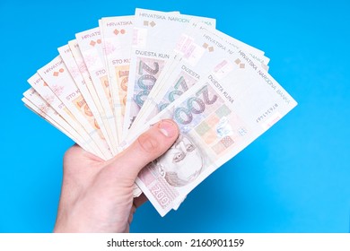Bielsko, Poland - 05.26.2022: Close-up of Croatian banknotes with kuna in various denominations. Concept showing Croatian economy, finance and business