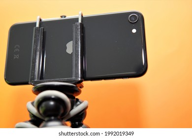 Bielsko, Poland - 06.16.2021: Phone On A Flexible Stand. Video Creation For Tiktok And Other Social Media. Internet Video Recording Equipment