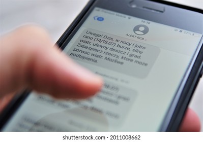 Bielsko, Poland - 07.20.2021: RCB Alert About Dangerous Rainfall On Your Phone. An SMS With A Message About Dangerous Weather
