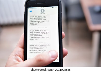 Bielsko, Poland - 07.20.2021: RCB Alert About Dangerous Rainfall On Your Phone. An SMS With A Message About Dangerous Weather
